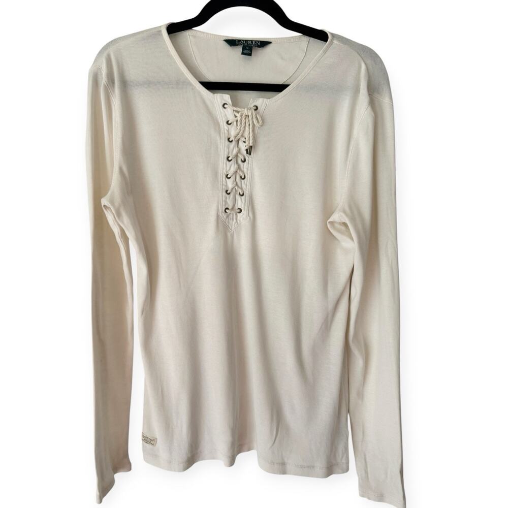 Ralph Lauren Ivory Lace Up Neck Long Sleeve Tshirt Medium